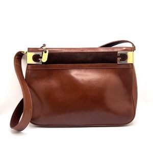 Authentic GUCCI G Logo Vintage Brown Leather Shoulder Bag Purse